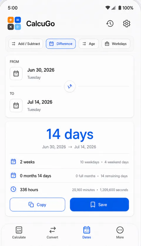 CalcuGo: Compare dates and save useful results