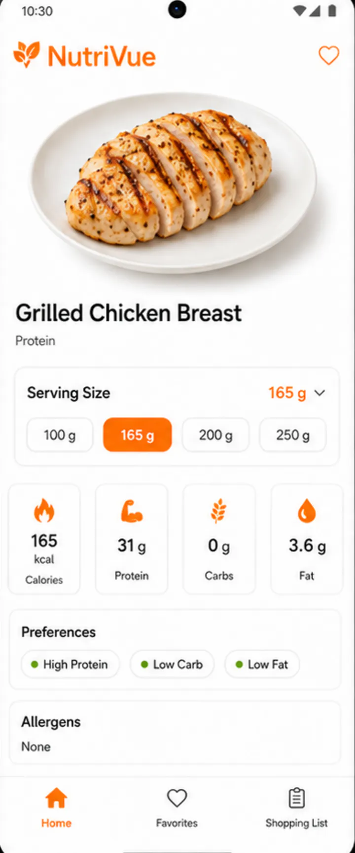 NutriVue Android interface