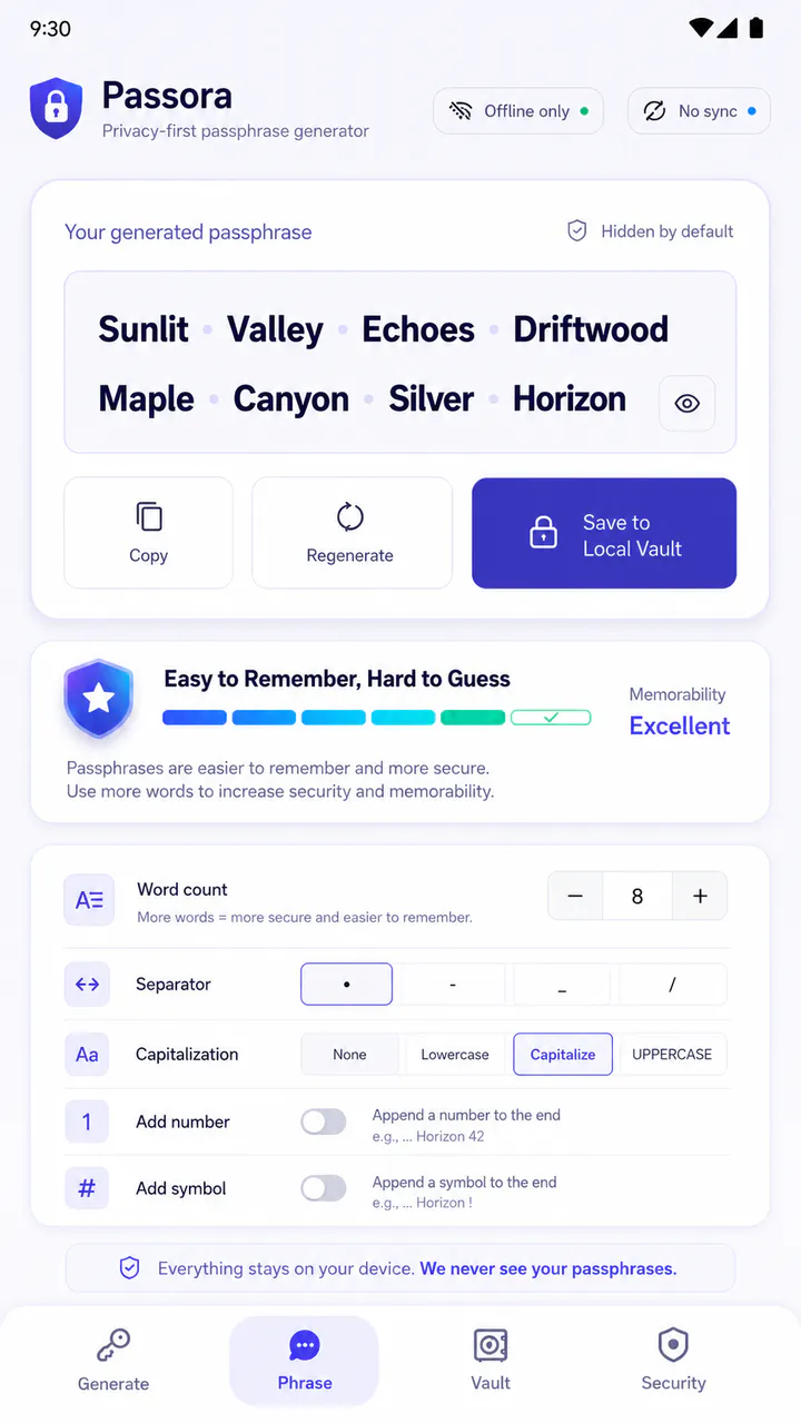 Passora Android interface