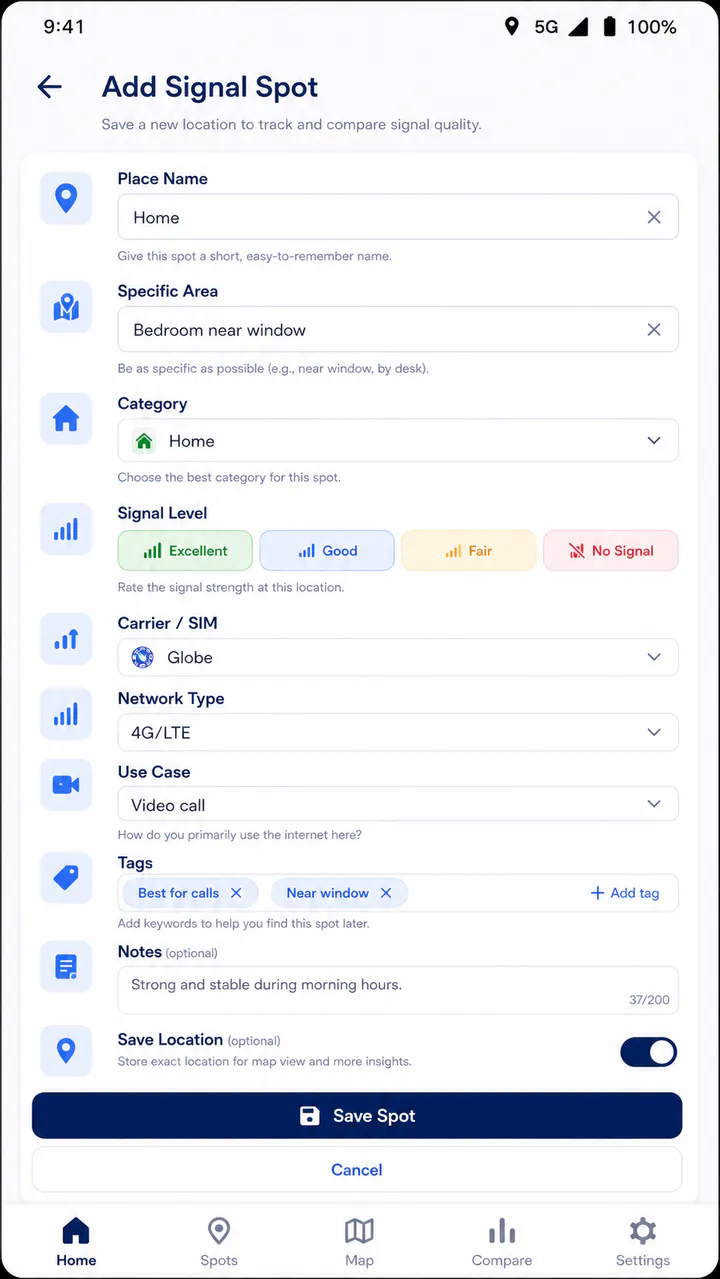 SignalSpot Android interface